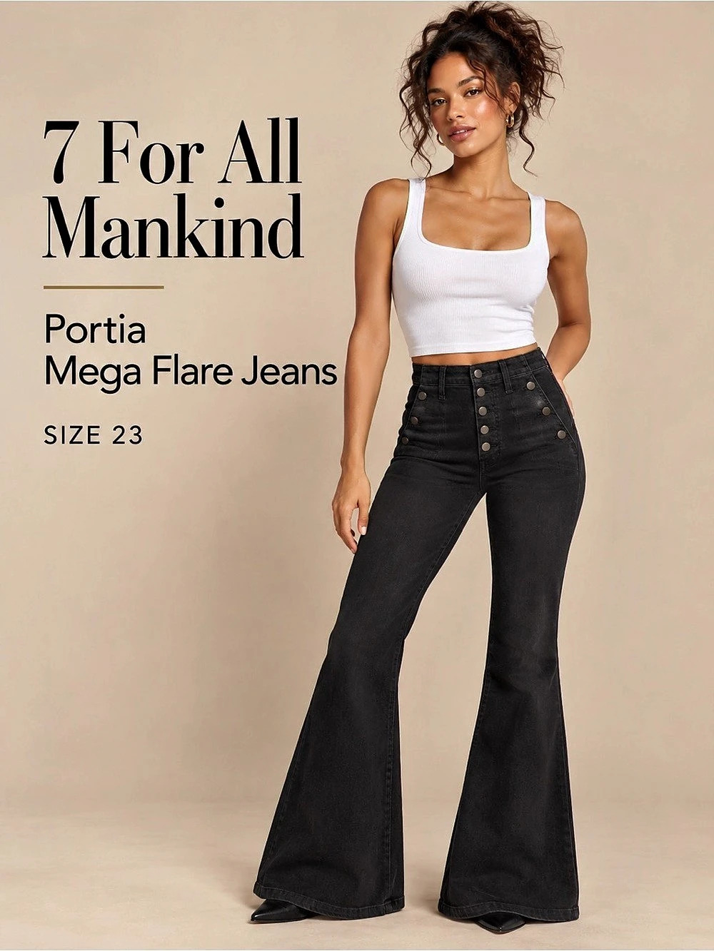 7 For All Mankind Portia Mega Flare Jeans Black Button Front 23 HEMMED